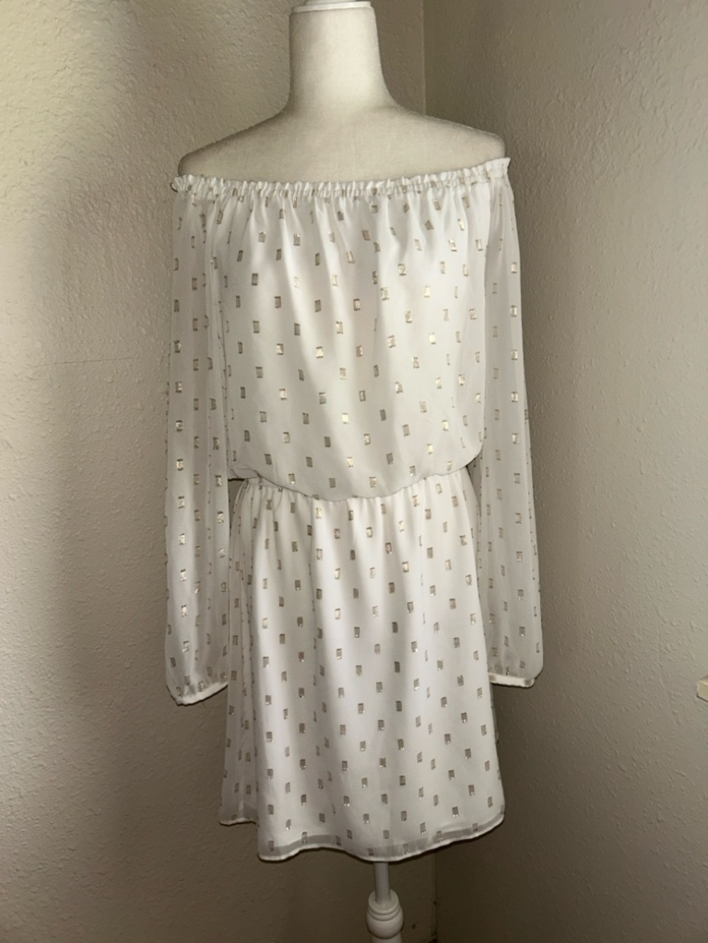 White House Black Market White Blouse with Gold Foil Dots
